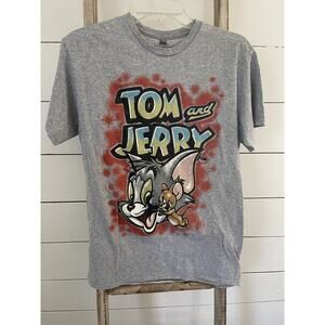 Tom And Jerry Mens Cartoon Airbrush Shirt Gray Short Sleeve JH6 Graphic Tee M